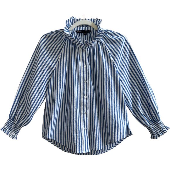 Veronica Beard Calisto Washed Blue White Ruffle Collar Button Revolve Shirt S - Picture 3 of 14